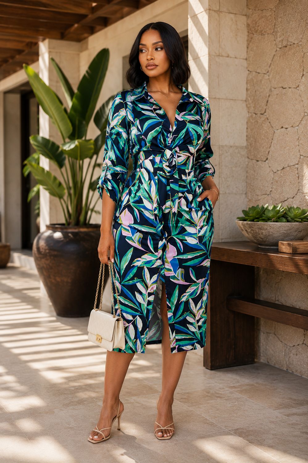 ​ Satin Tie-Front Shirt Midi Dress