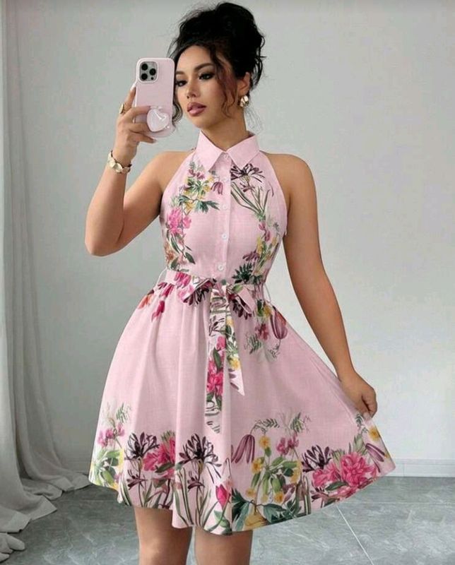 Summer Floral Print Button Half-Placket Halter Dress