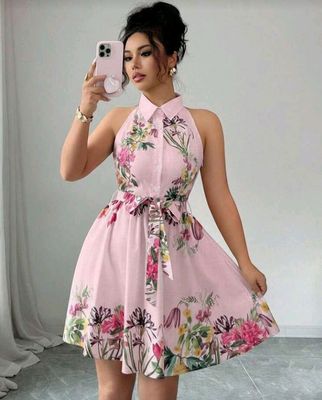 Summer Floral Print Button Half-Placket Halter Dress