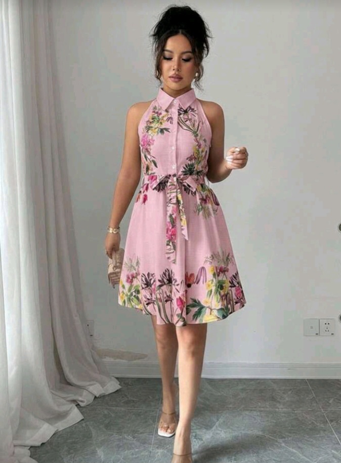 Summer Floral Print Button Half-Placket Halter Dress