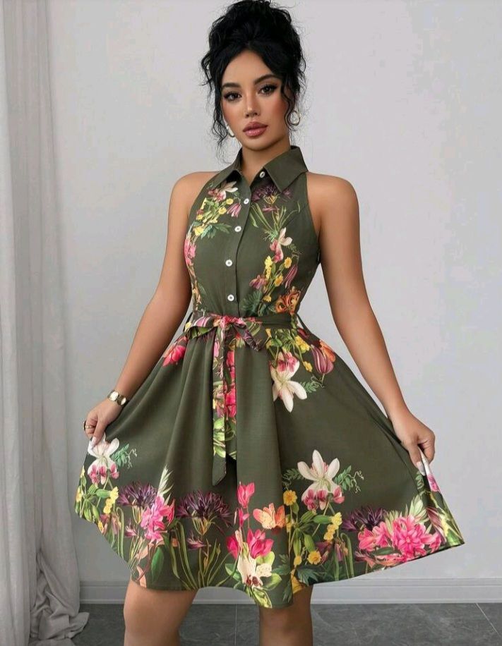 Summer Floral Print Button Half-Placket Halter Dress