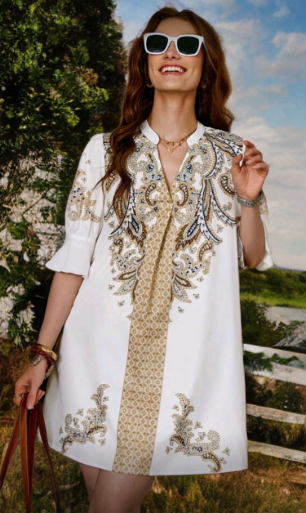 Mid-Sleeve Printed Mini Dress