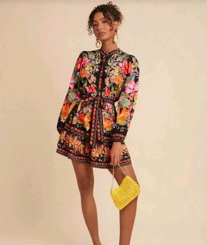 Mid-Sleeve Printed Mini Dress