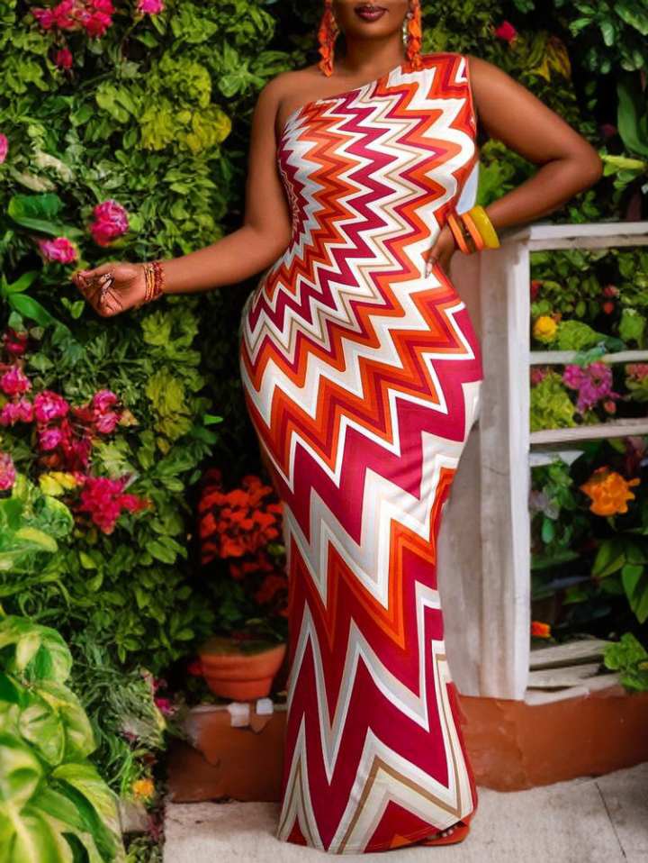 Elegant Ombre One-Shoulder Wavy Bodycon