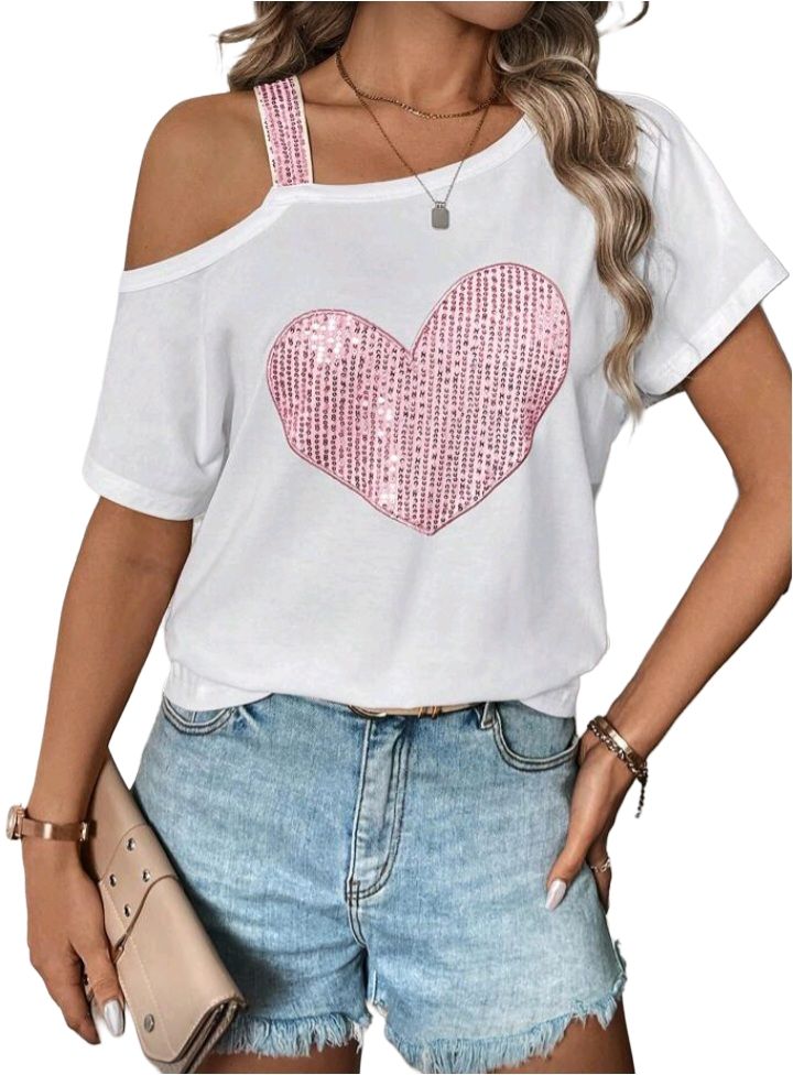 Glitter Heart Asymmetric Collar Top