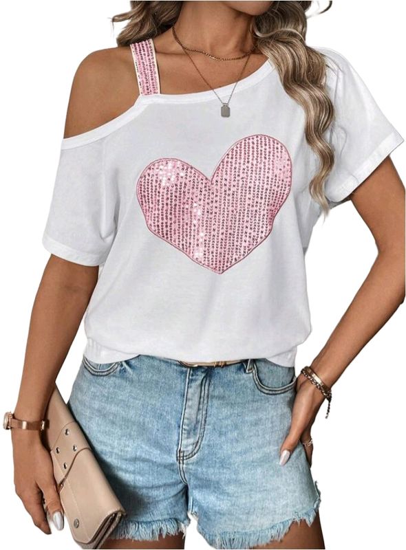 Glitter Heart Asymmetric Collar Top