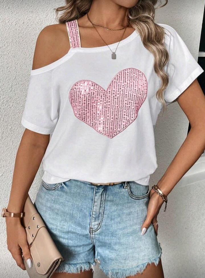 Glitter Heart Asymmetric Collar Top