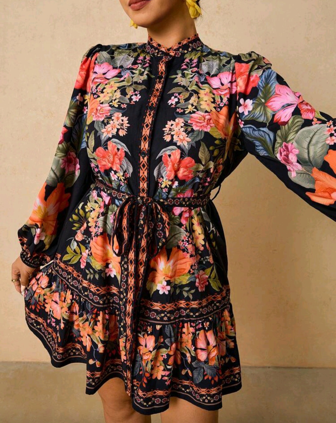 Plus Size Tropical Plant Print Open Front Dress