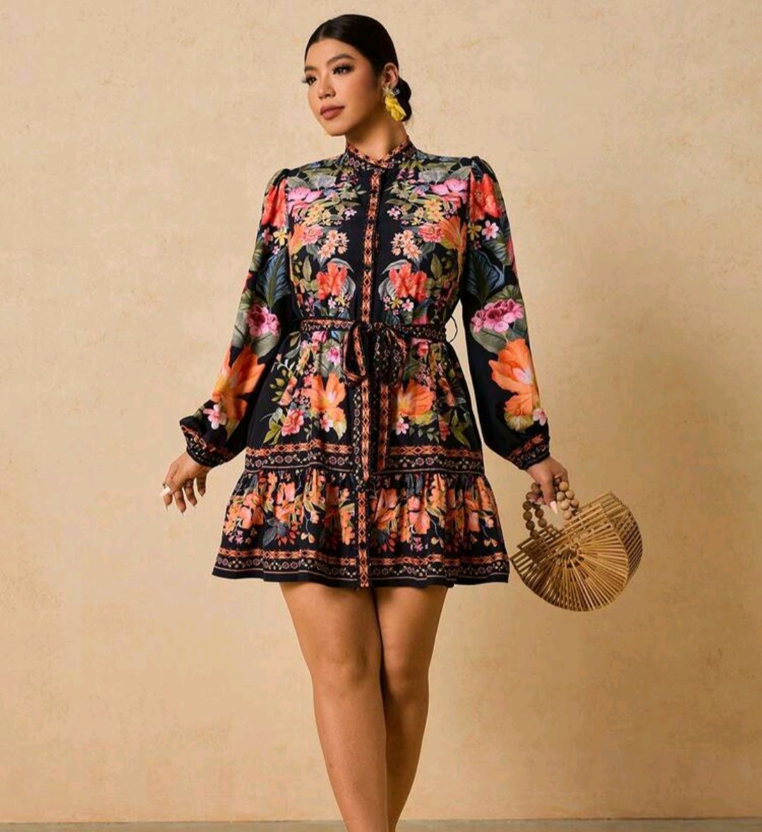 Plus Size Tropical Plant Print Open Front Dress