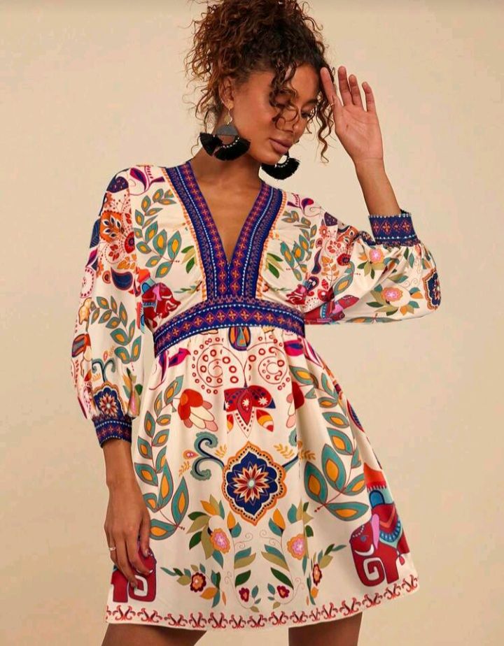 Mid-Sleeve Printed Mini Dress