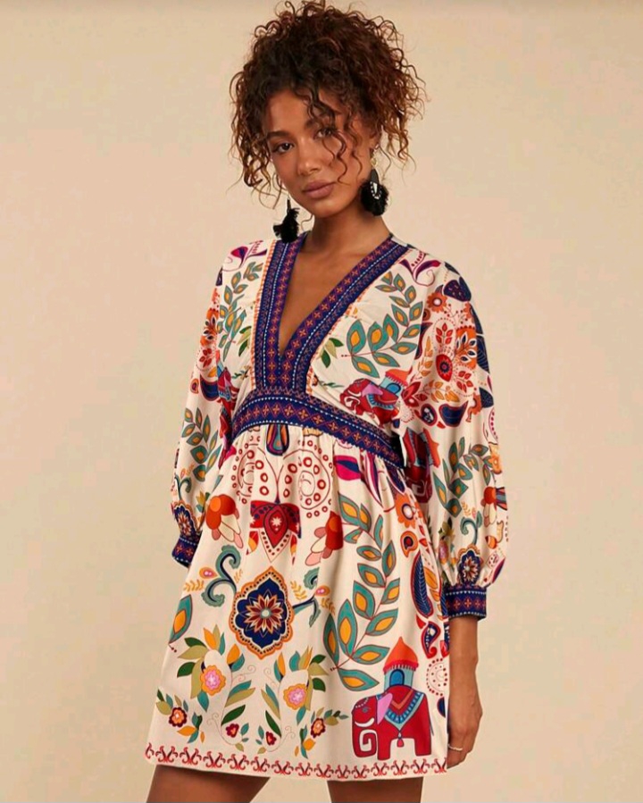 Mid-Sleeve Printed Mini Dress