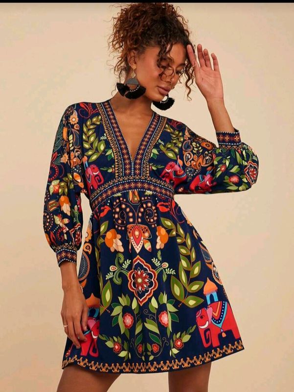 Mid-Sleeve Printed  Mini Dress