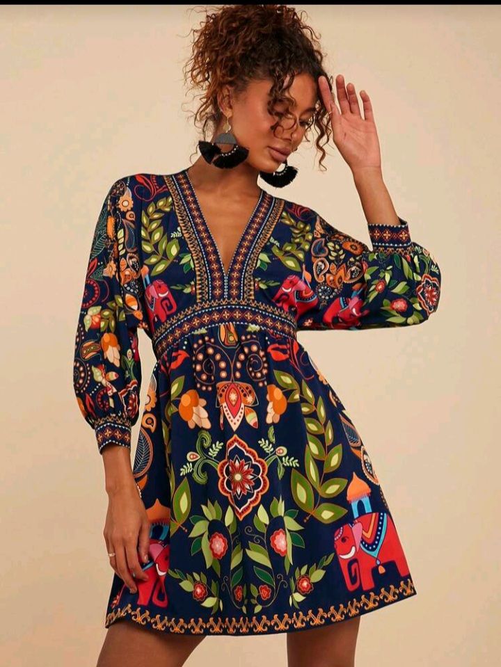 Mid-Sleeve Printed Mini Dress