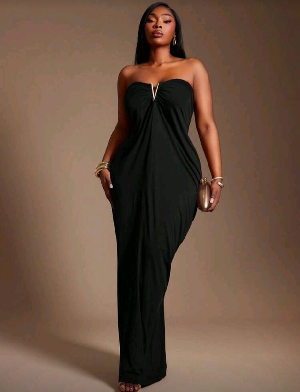 Black Strapless V-Front Frill Maxi Dress – Evening Wear