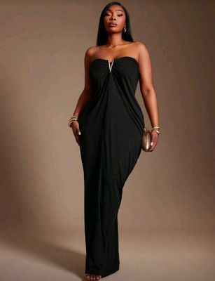 Black Strapless V-Front Frill Maxi Dress – Evening Wear