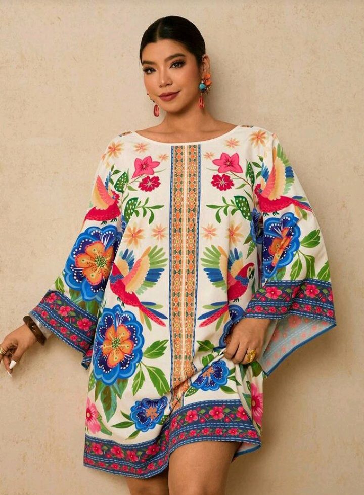 Plus Size Fuchsia Tropical Floral Midi Dress