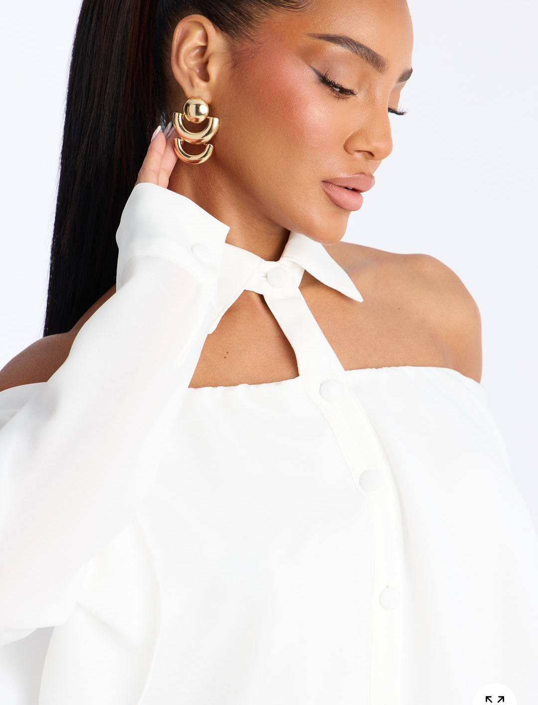 White Off Shoulder Button-Up Shirt