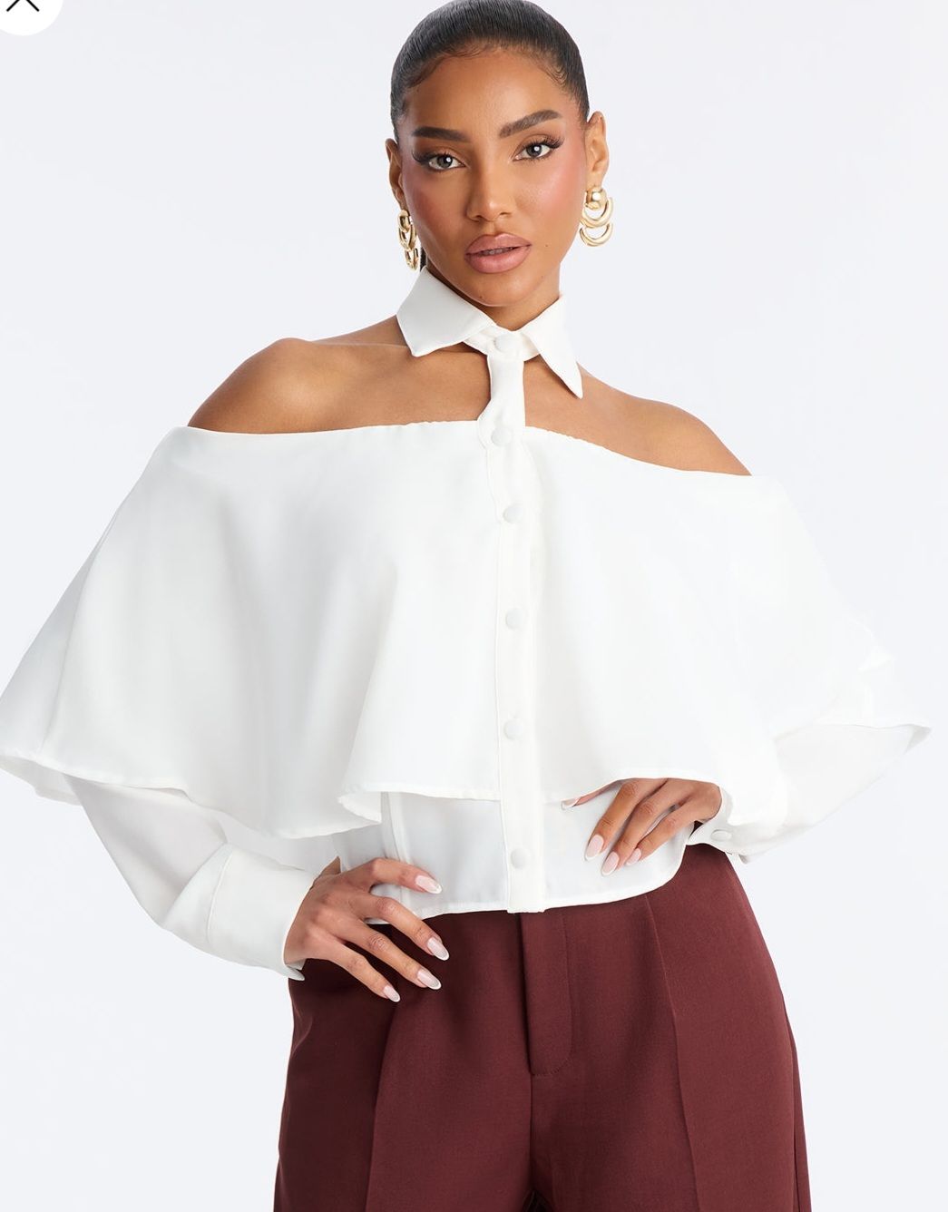 White Off Shoulder Button-Up Shirt