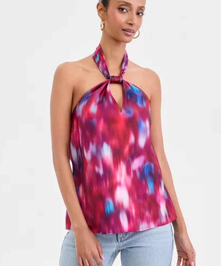 Printed Satin Knotted Halter Top – Resort Chic