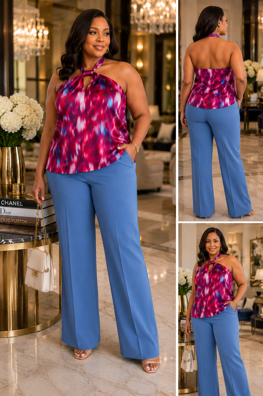 Printed Satin Knotted Halter Top – Resort Chic