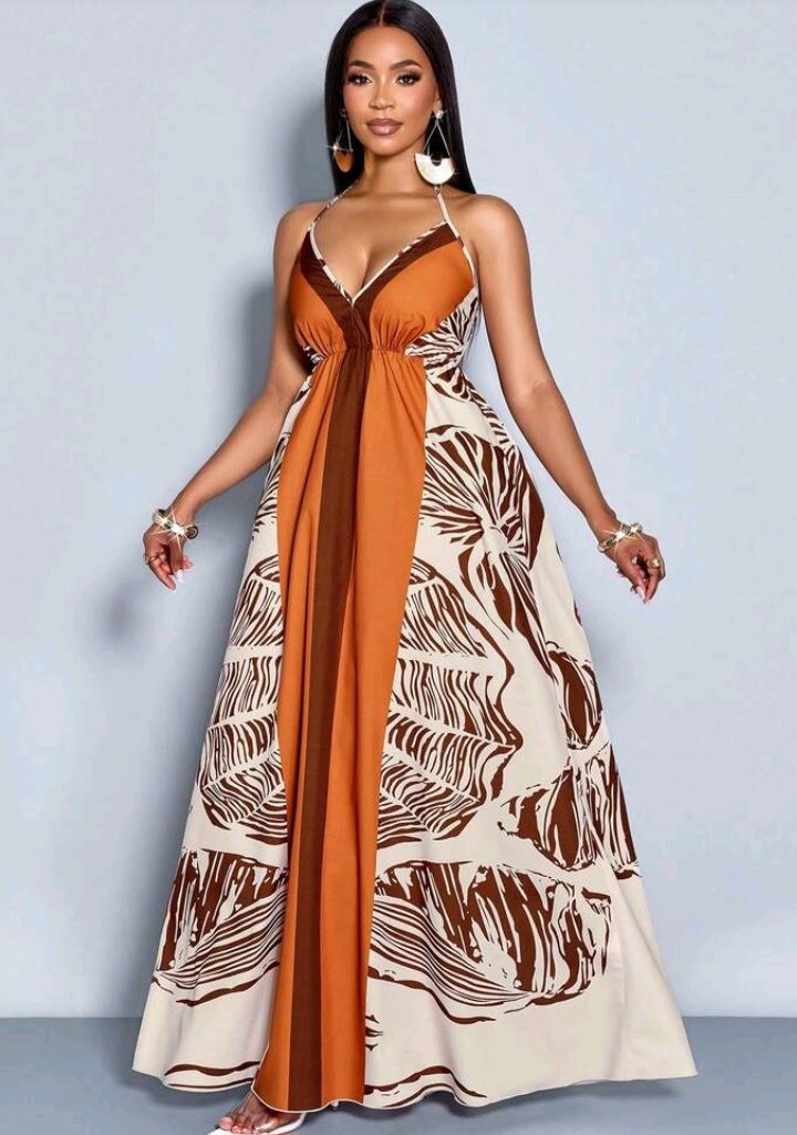 Tropical Plant Print Halter Dress – Vacation Ready