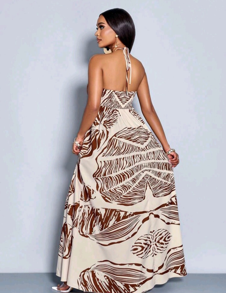 Tropical Plant Print Halter Dress – Vacation Ready