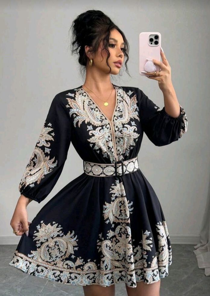 French Floral V-Neck Button A-Line Dress with Lantern Sleeves