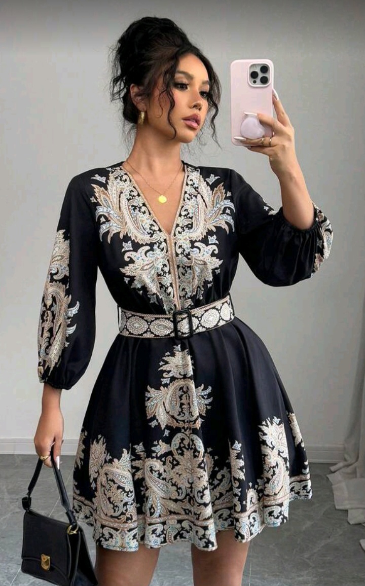 French Floral V-Neck Button A-Line Dress with Lantern Sleeves