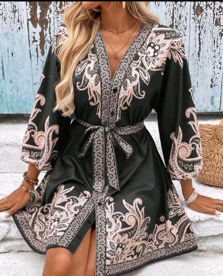 French Floral V-Neck Button A-Line Dress with Lantern Sleeves