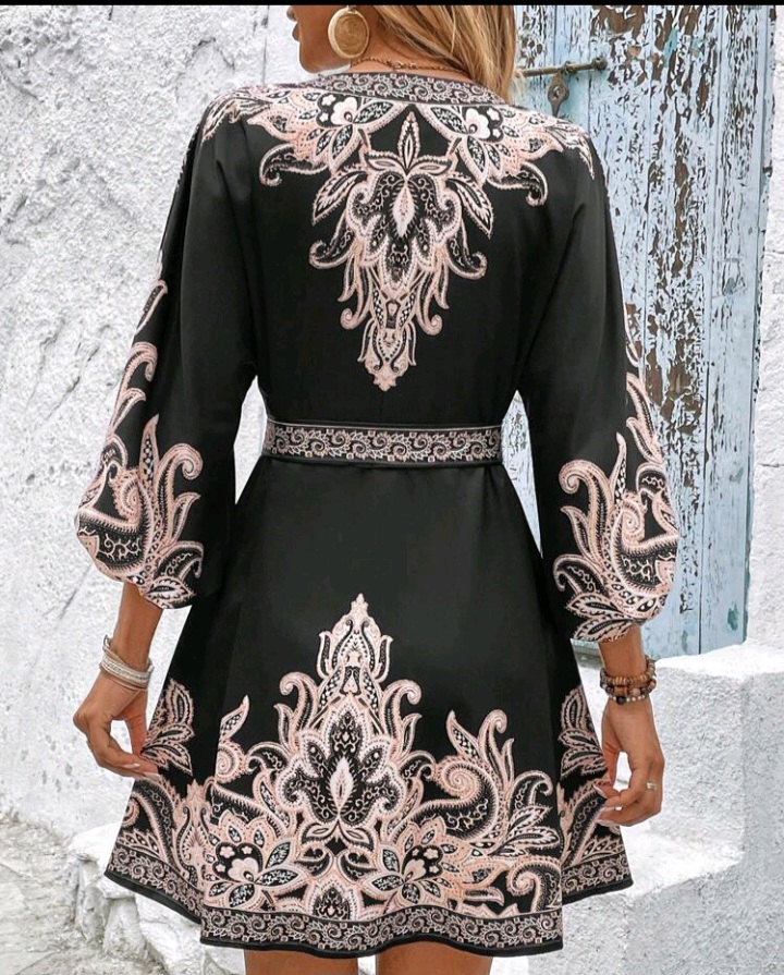 French Floral V-Neck Button A-Line Dress with Lantern Sleeves