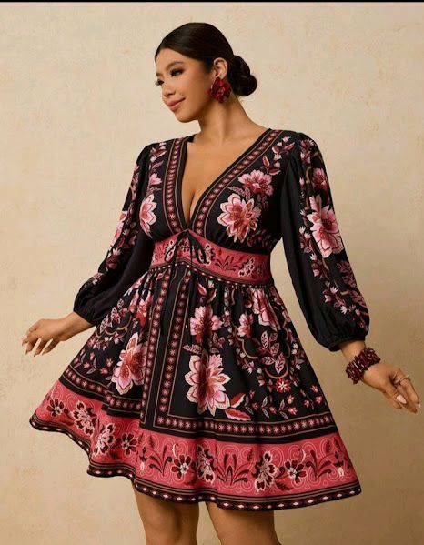 ​Plus Size Floral Print Tie-Front V-Neck Short Dress
