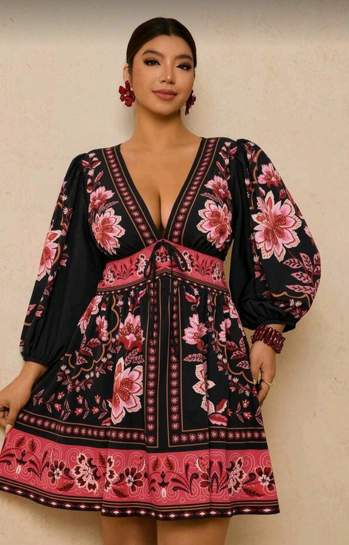 ​Plus Size Floral Print Tie-Front V-Neck Short Dress