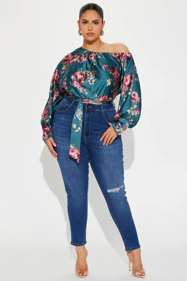 Blue Combo Satin One-Shoulder Tie-Waist Blouse