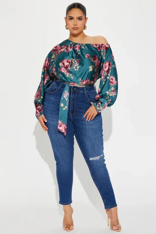 Blue Combo Satin One-Shoulder Tie-Waist Blouse