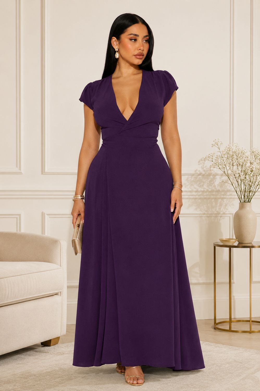 Deep V-Neck Tie-Waist Maxi Dress – Elegant & Flowy