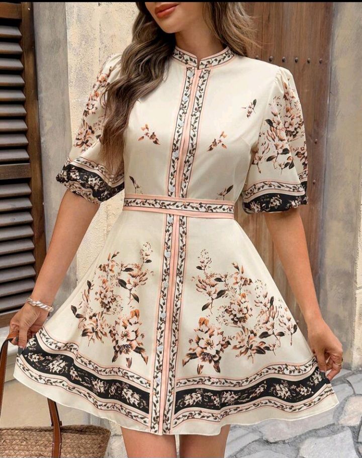 ​Floral A-Line Dress with Puff Sleeves & Belted Waist
