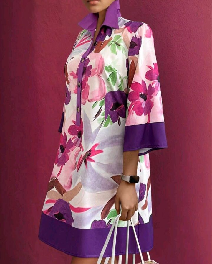 Floral Print 3/4 Sleeve Button-Front Casual Loose Midi Dress