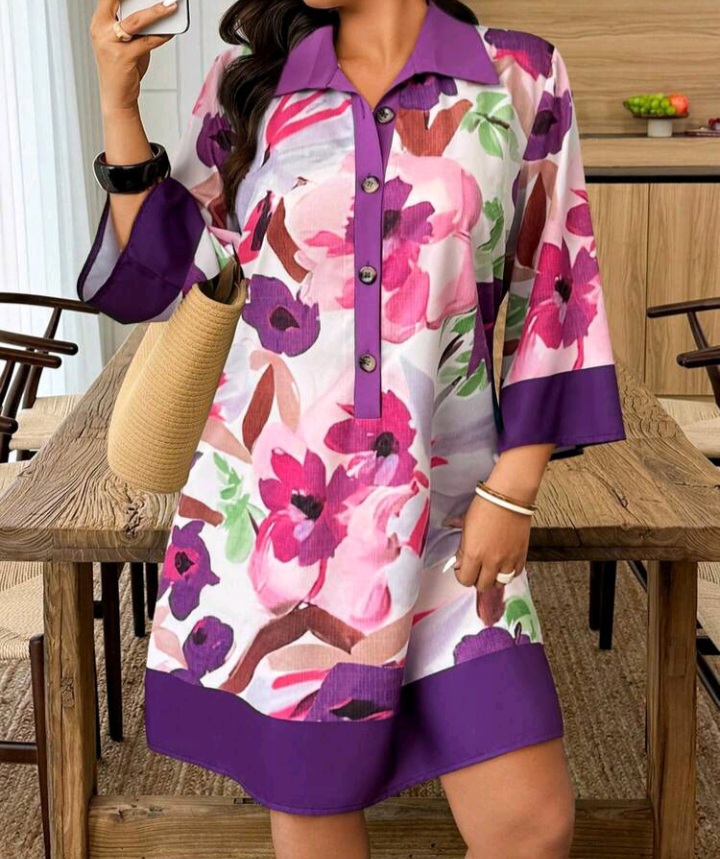 Floral Print 3/4 Sleeve Button-Front Casual Loose Midi Dress