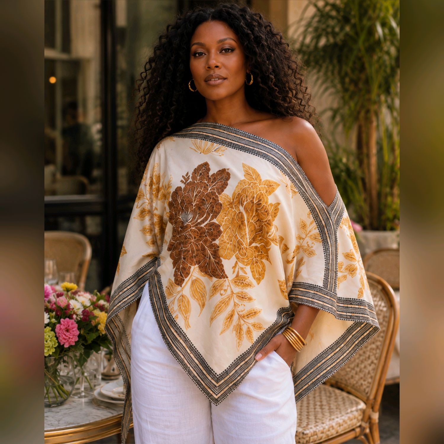 Golden Bloom Asymmetrical Poncho Top