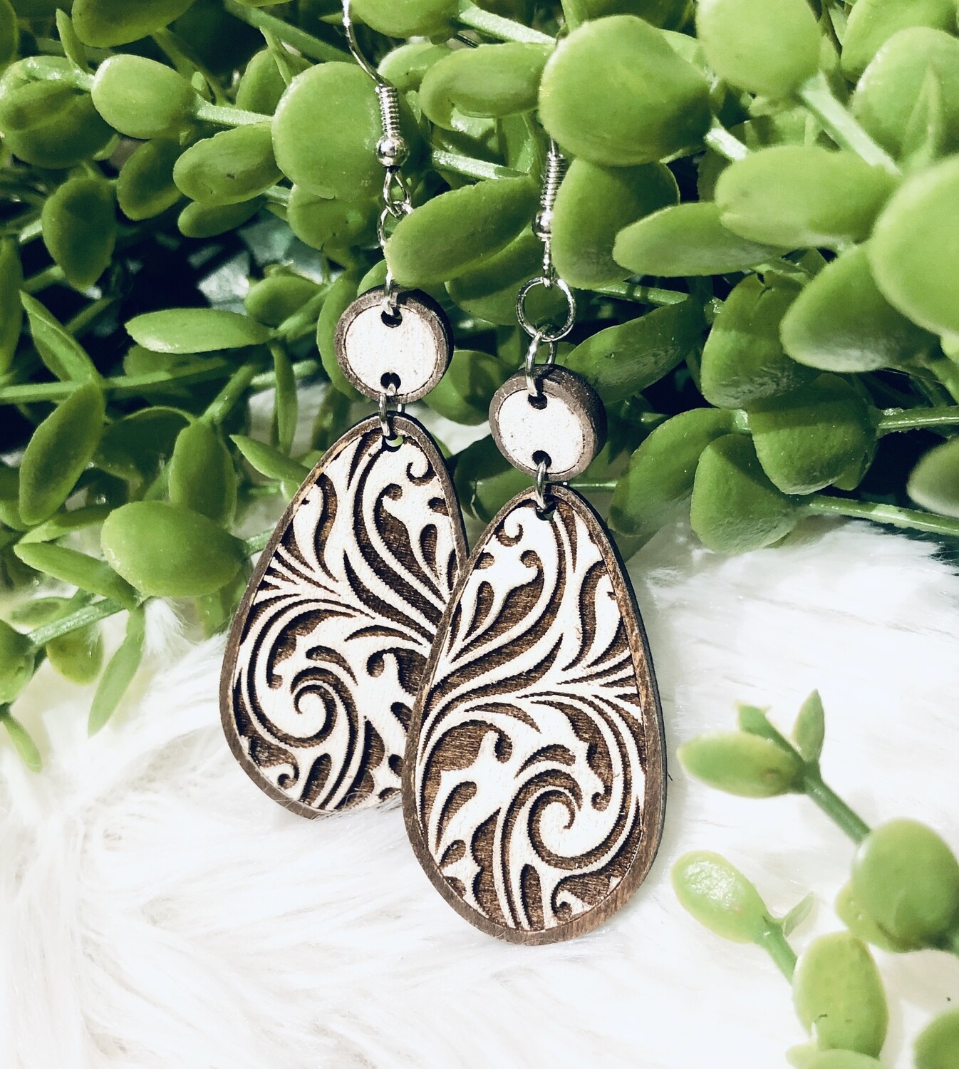 Damask Farmhouse Chic Wood Dangle Earrings