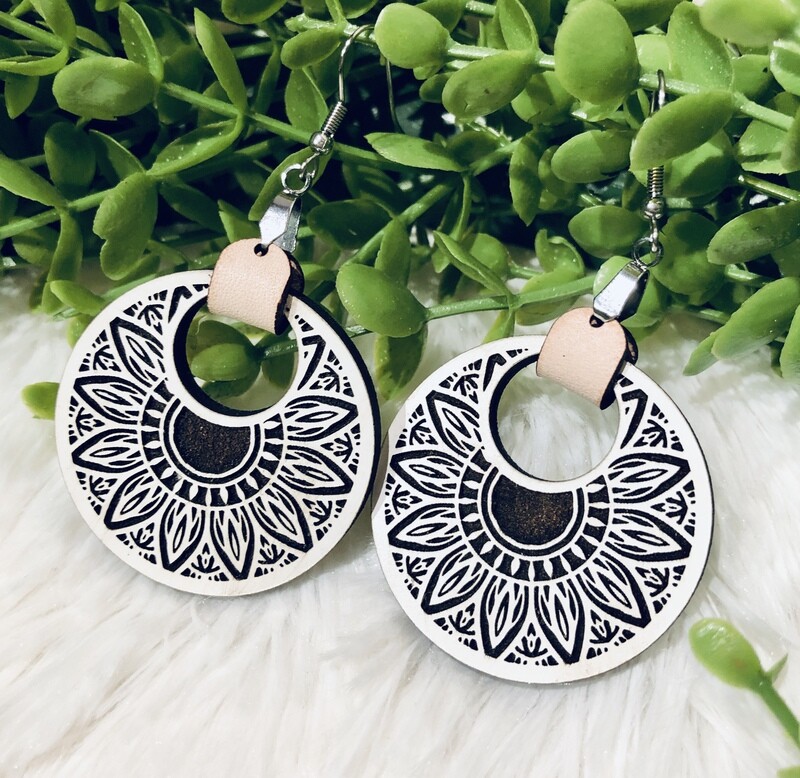 Sunflower Mandala Engraved Hoop Earrings