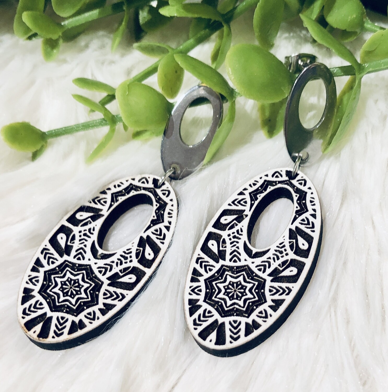 Mandala Engraved Oval Earrings