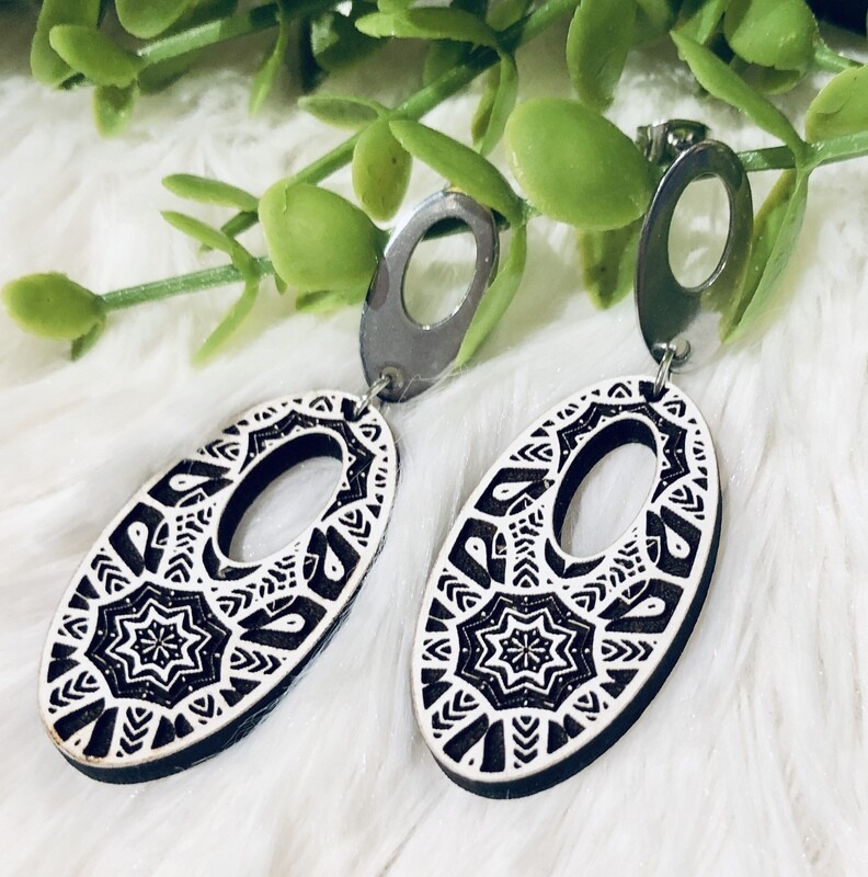 Mandala Engraved Oval Earrings