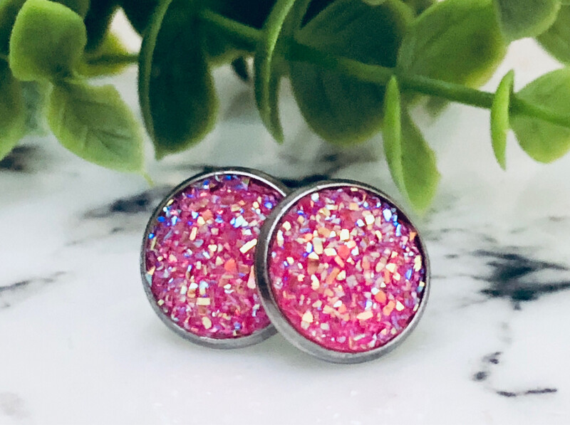 Blushing Rose - Druzy Crystal Stud Earrings 