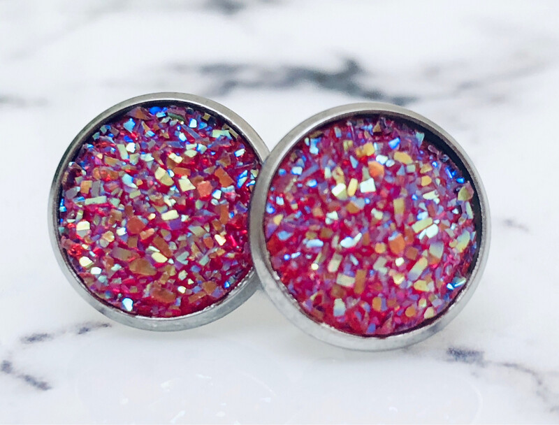 Ruby Delight - Druzy Crystal Stud Earrings 
