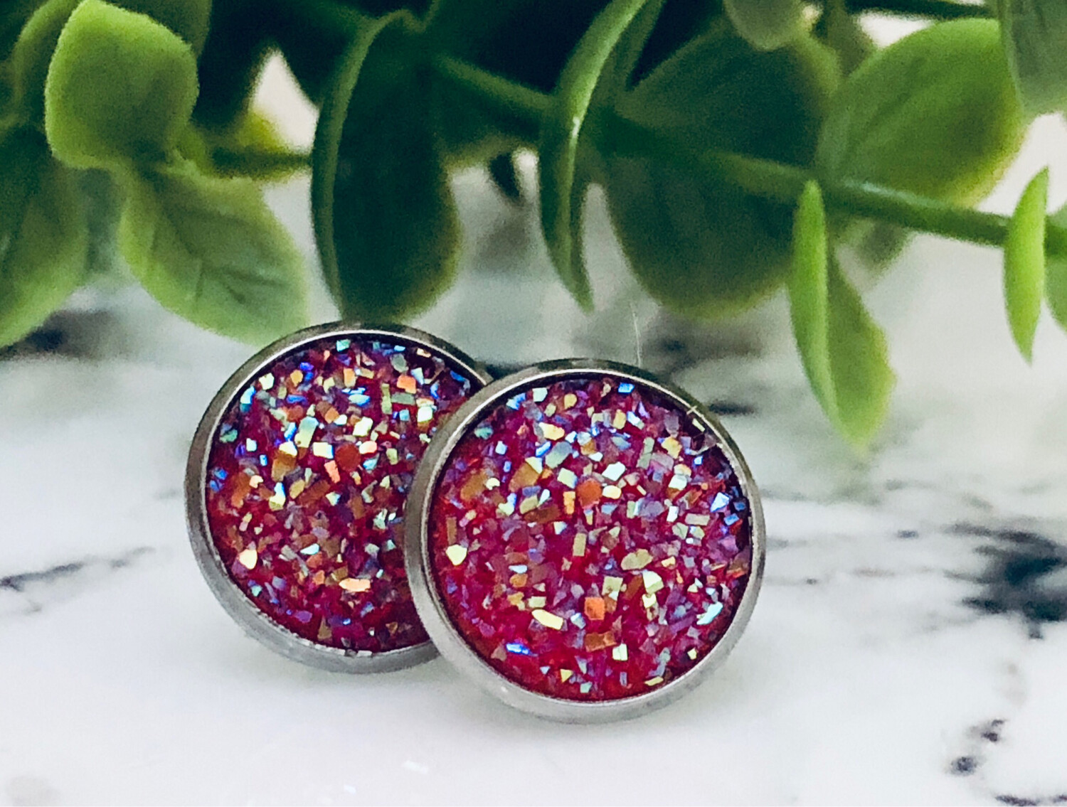 Ruby Delight - Druzy Crystal Stud Earrings 