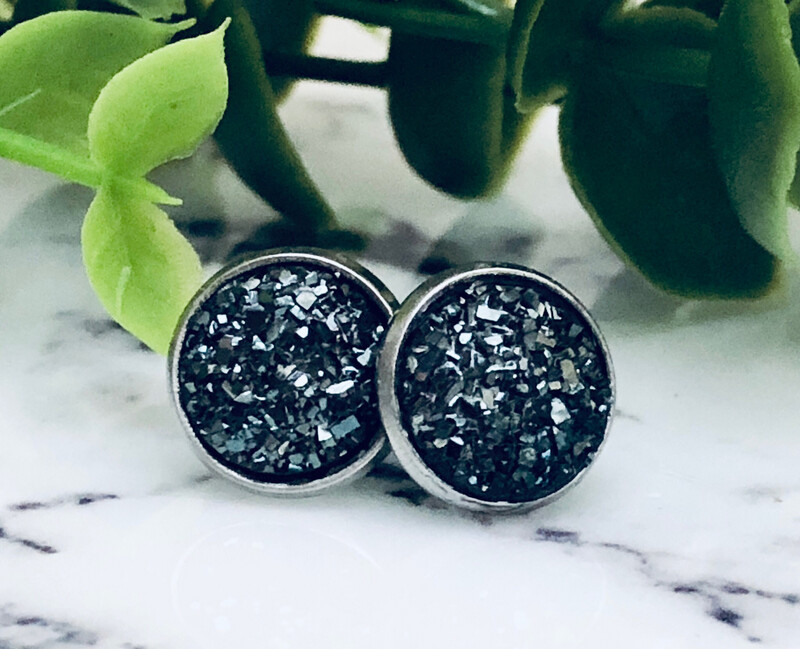 Black Ice - Druzy Stud Earrings 