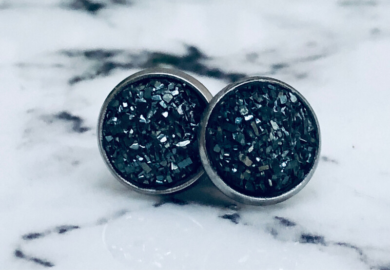Black Ice - Druzy Stud Earrings 