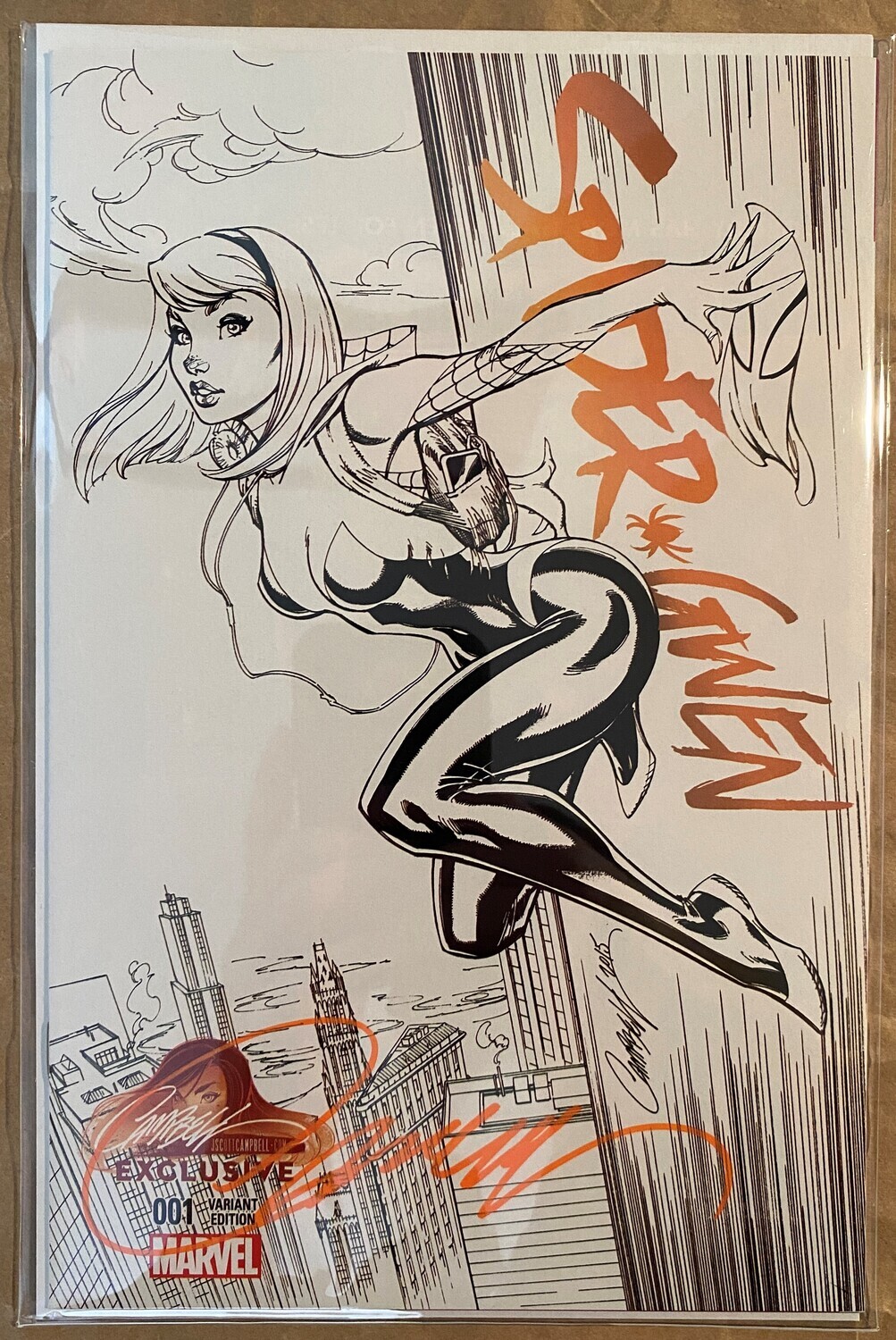 Spider-Gwen #1 - J. Scott Campbell - Wall Hugger Black &amp; White Sketch Exclusive (SIGNED w/COA)