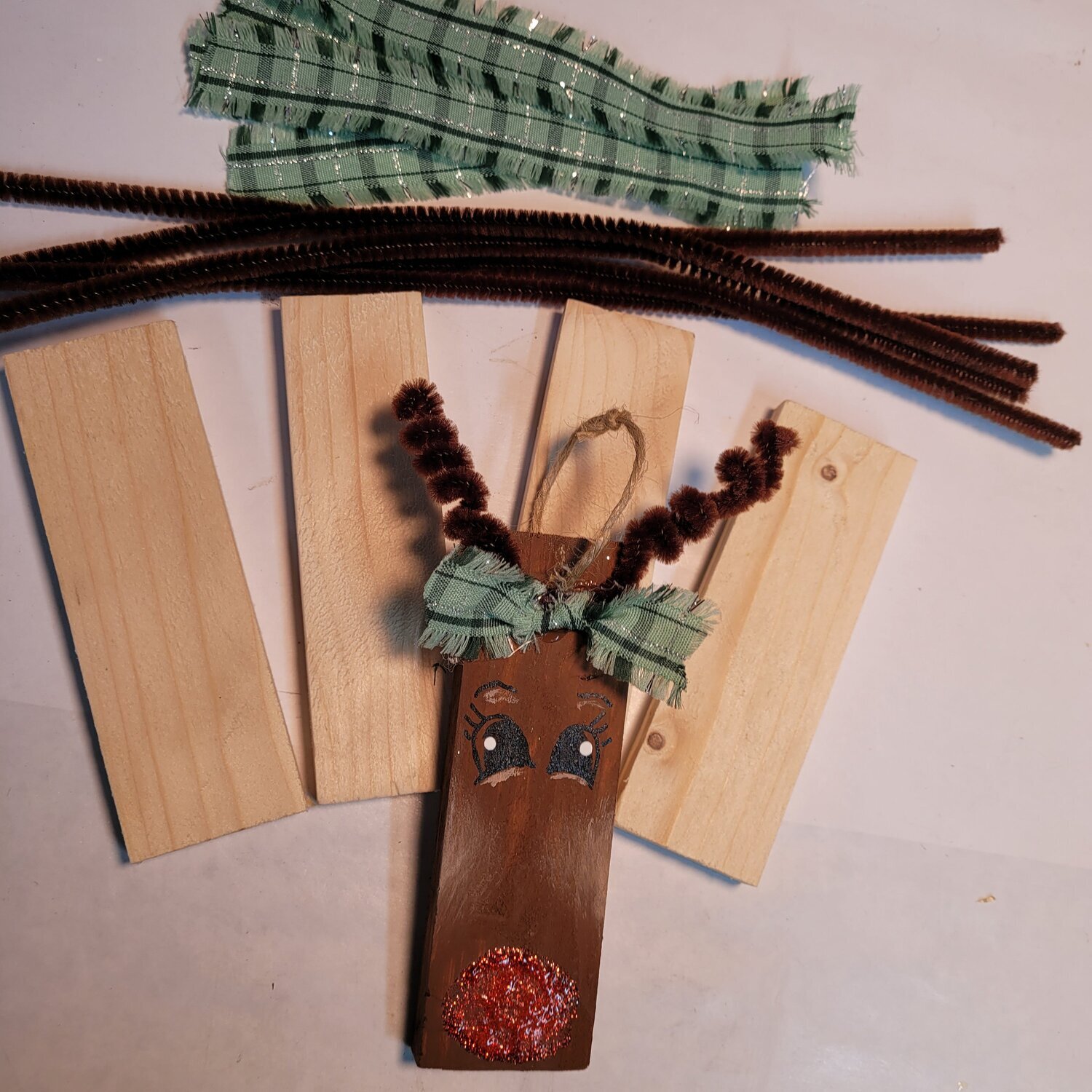 DIY set of 5 unfinished wooden Reindeer tree ornaments